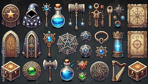 Fototapeta Collection of Magical Artifacts and Enchanted Items with Potion Bottles
