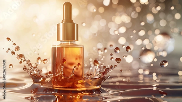 Fototapeta Cosmetic pipette with Cosmetic Essence oil with Clipp splashes and drops of water lights from the side in the background