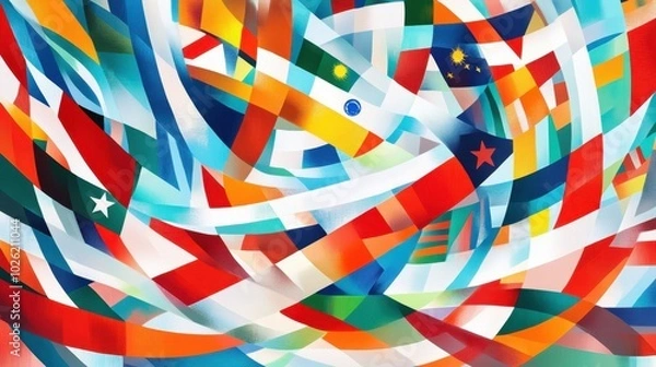 Fototapeta A vibrant and abstract illustration of global trade with intertwined flags of different countries, embodying the spirit of international commerce and cooperation.