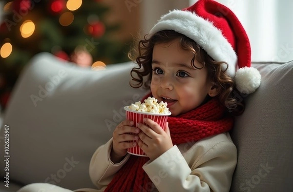 Fototapeta A happy child in a Santa Claus hat holds a bowl of popcorn in his hands