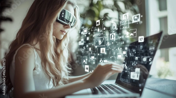 Fototapeta Exploring Digital Landscapes With Augmented Reality Glasses in a Modern Winter Setting