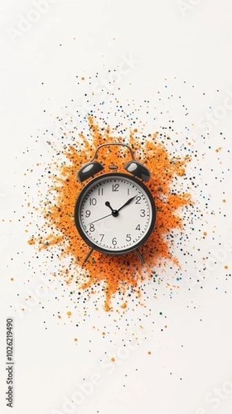 Fototapeta Alarm clock surrounded by colorful sprinkles on a white background.