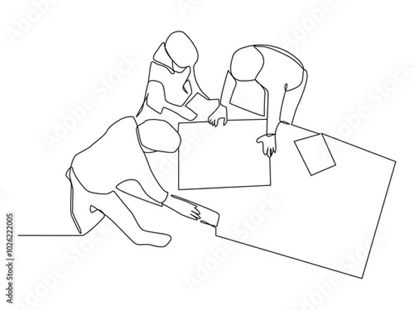 Fototapeta One continuous line drawing of young construction coordinator discussing construction design plan to team member, Single line draw design graphic illustration.