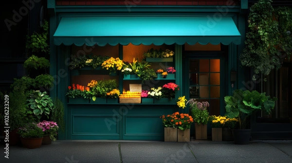 Fototapeta A charming flower shop adorned with colorful blooms, showcasing a stunning array of plants under a teal awning, inviting passersby to explore its floral wonders as evening falls.