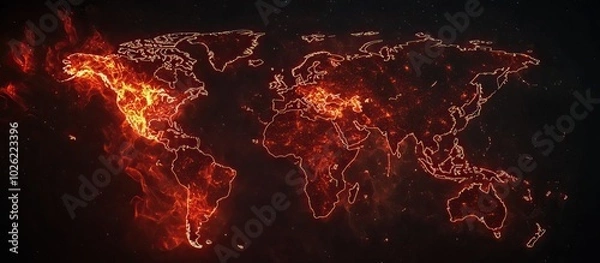 Fototapeta World Map with Glowing Fire
