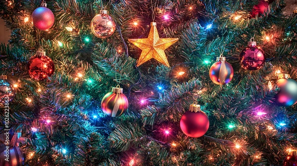 Fototapeta Festive Christmas tree with colorful lights and ornaments