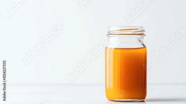 Obraz Glass jar filled with orange liquid placed on a white background, offering a minimalistic and clean composition highlighting the vibrant color of the liquid.