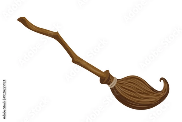 Fototapeta A Wooden Witch's Broomstick Vector Illustration. Perfect for Halloween Magic, Flying Broom for Witchcraft Design, Creepy Elements for Spooky Decorations, and Magical Clipart