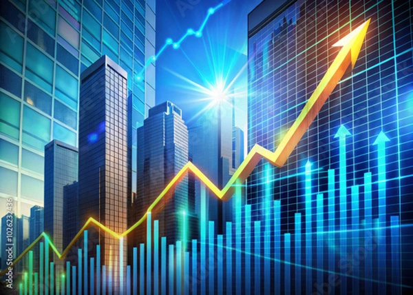 Fototapeta image depicts vibrant financial growth concept with skyscrapers and upward trend graph, symbolizing investment success and market surge