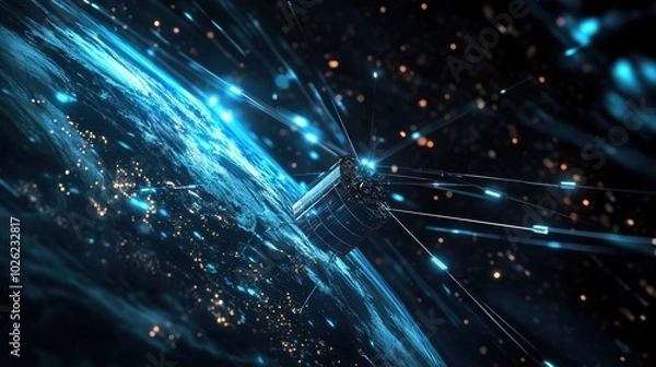 Fototapeta Fiber optic links through telecommunication satellites, highlighting space-based connections and high-speed data transfer