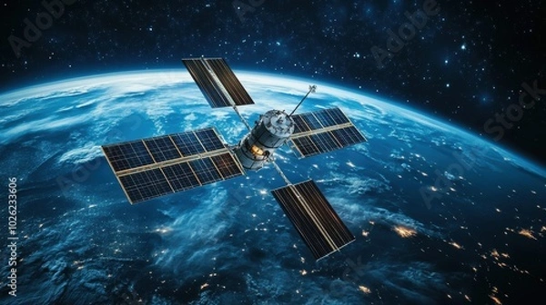 Fototapeta Telecommunication satellite technology, focusing on the intricate design, data processing, and global connectivity