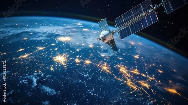 Fototapeta Satellite connectivity in telecommunication, focusing on global data exchange, satellite networks, and ground stations