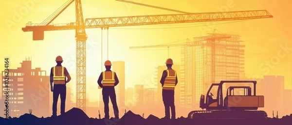 Obraz Construction team coordinating with crane operator