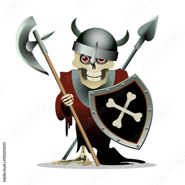 Fototapeta Cartoon Skeleton in Medieval Knight Clothes Isolated on White Background Vector Illustration