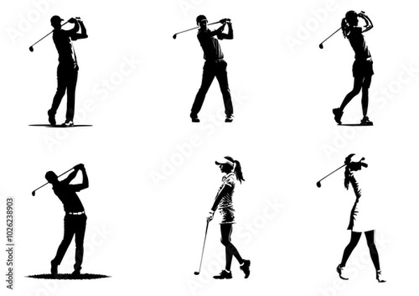 Obraz people playing golf in various poses isolated vector silhouette on white background