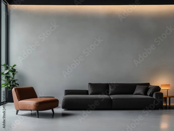 Obraz Modern living room with a sleek sofa, accent chair, and soft urban lighting