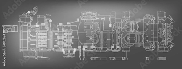 Fototapeta Mechanical engineering drawings on a gray background.