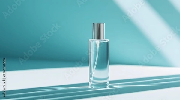 Fototapeta A minimalist transparent glass spray bottle with a cylindrical shape and pump dispenser, set against a light blue background, emphasizing clean lines and soft shadows for a sleek cosmetic presentation