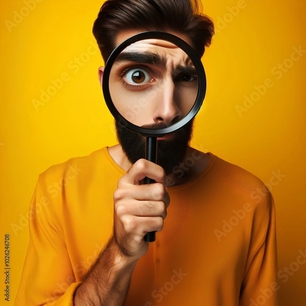 Fototapeta whimsical portrait of curious man peering through oversized magnifying glass against vivid yellow background embodying playful exploration and inquisitive spirit.