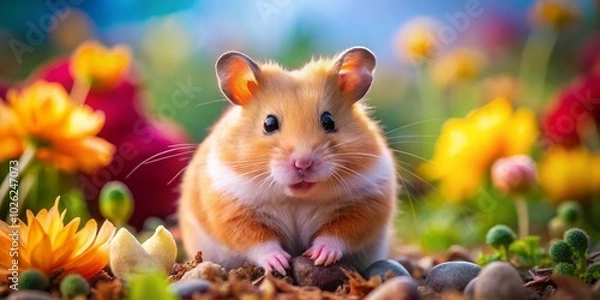 Fototapeta Cute golden hamster in a cozy habitat, exploring its environment and enjoying playful moments in a vibrant home