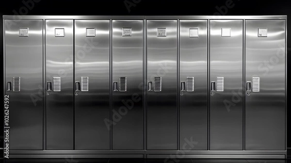 Obraz Sleek silver metal lockers arranged in a uniform row, highlighted by a brushed stainless steel finish, emphasizing minimalist industrial design in a school or gym setting.