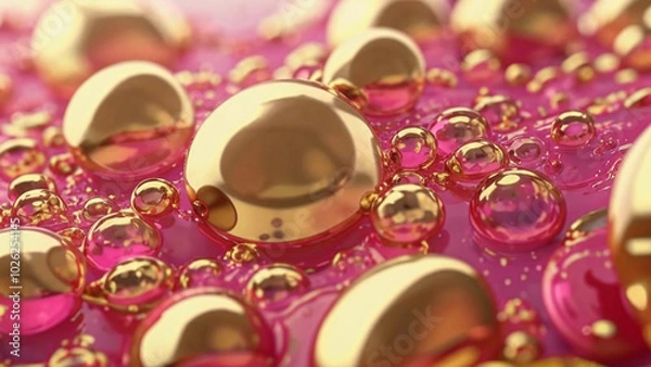Fototapeta Pink and gold molten glass with bubbles abstract background. Close up of water drop on pink background. Abstract wallpaper concept. Colorful liquid water backdrop background bubbles flow fluid splash