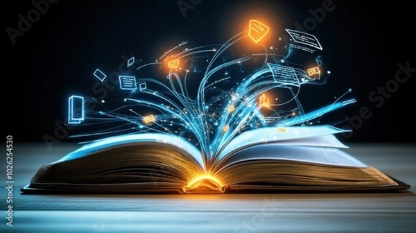Fototapeta An open book with glowing words symbolizing knowledge and growth in education
