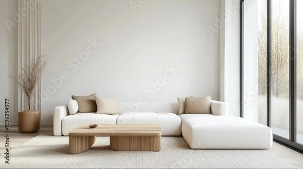 Fototapeta A simple, minimalist living room with a natural wood coffee table and a white corner sofa, offering a serene, modern aesthetic with clean
