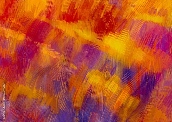Fototapeta Abstract colorful canvas drawn with paints and mastichin. Golden clouds at sunset. Digital drawing.