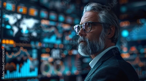 Fototapeta Business Executive Analyzing Financial Data on Virtual Screens