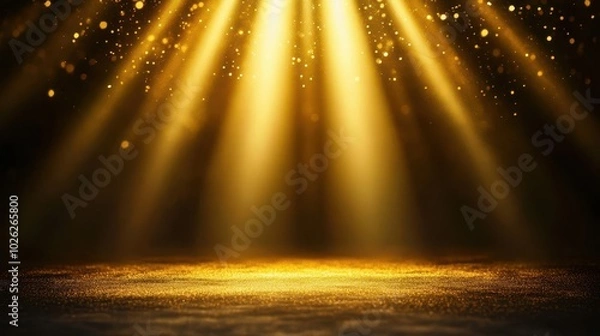 Fototapeta Golden spotlight illuminating a dark stage, soft beams spreading outwards, elegant and regal mood