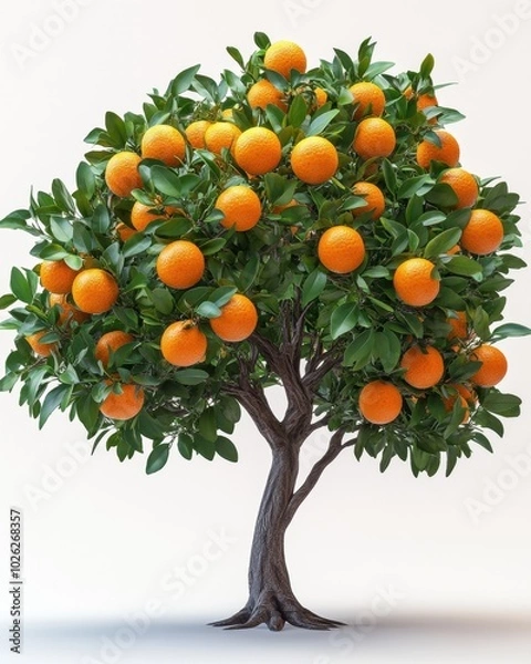 Fototapeta A realistic orange tree with clusters of oranges and glossy leaves, isolated on white background 