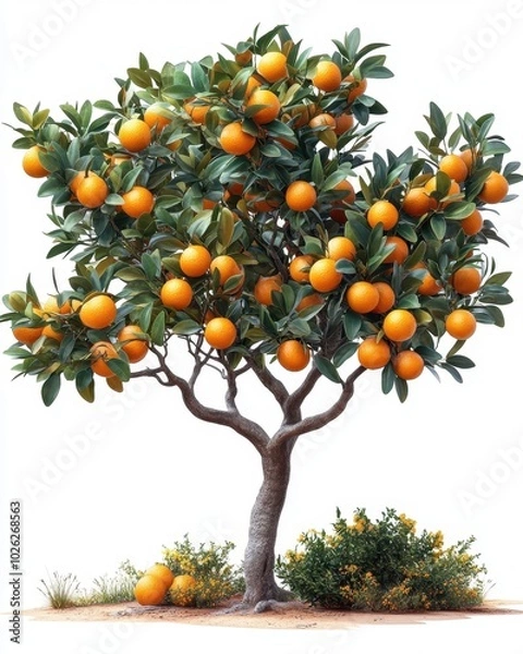 Fototapeta A realistic orange tree with clusters of oranges and glossy leaves, isolated on white background 