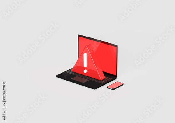 Fototapeta An exclamation mark in a red triangle on a laptop and a phone. Glowing symbol. 3d render on the topic of security, hacked, hacker attack, error, failure. Grey background.