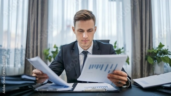 Obraz A professional office setting with an individual seated at a desk, reviewing documents, conveying focus and productivity.