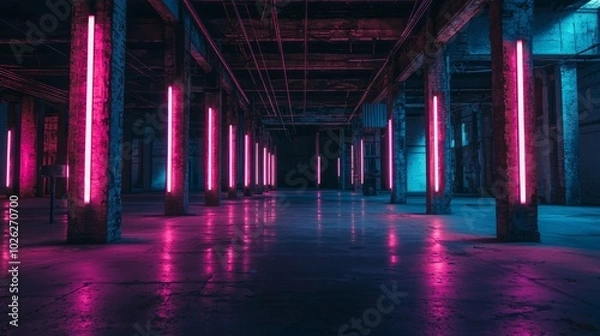 Fototapeta An abandoned warehouse with soft neon lights creating a sleek, minimal atmosphere. The soft neon lighting transforms the abandoned warehouse into a cool, minimalistic space.