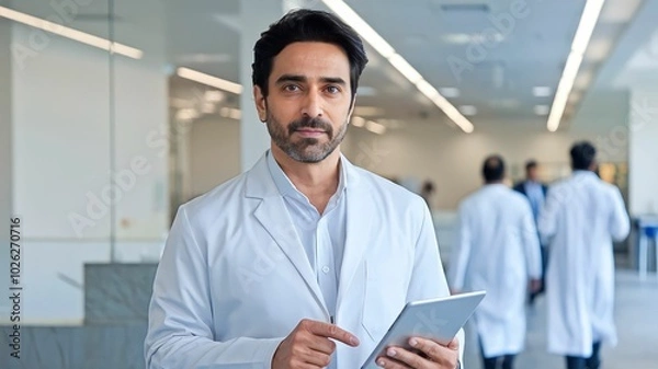 Obraz A middle-aged Pakistani doctor in a modern clinic, dressed in a white lab coat and holding a tablet, representing professionalism and modern healthcare.
