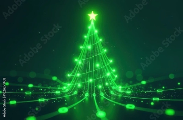 Fototapeta New Year Tree Made Of Green Luminous Lines, Technology New Year Concept. 
