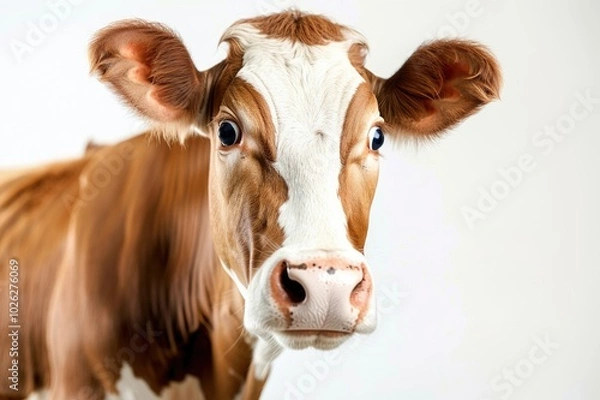 Fototapeta Surprised cow with goofy face mooing and looking at camera, isolated on white background. Close up portrait of funny animal.