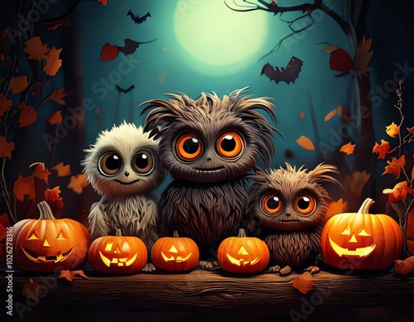 Obraz cute little monsters with big eyes in a halloween setting, halloween party invitation card,