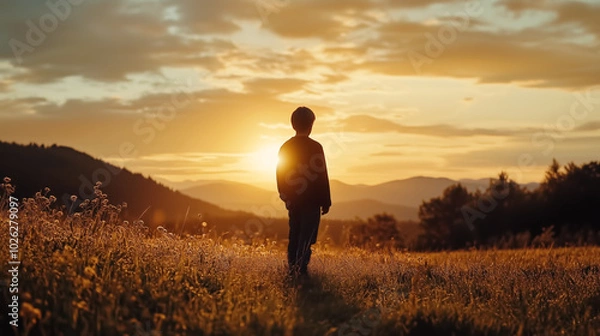Fototapeta Silhouette of a boy against sun in middle of a meadow at sunset, sky, warm light, mountains in background.  Copy space, aspect ratio 16:9