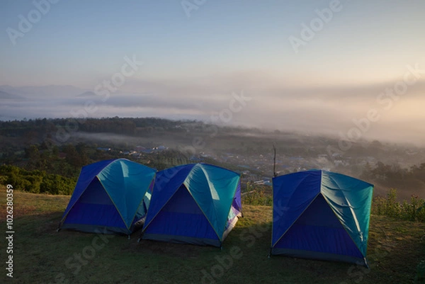 Fototapeta Camping tent on green grass field