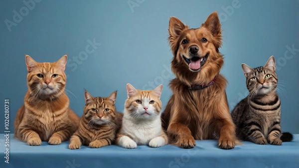 Fototapeta Dog and cat portrait on blue background isolated. Pets and companions. Commercial banner for advertising cat and dod food. Pets looking at the camera on blue background. Wallpaper. Copy space