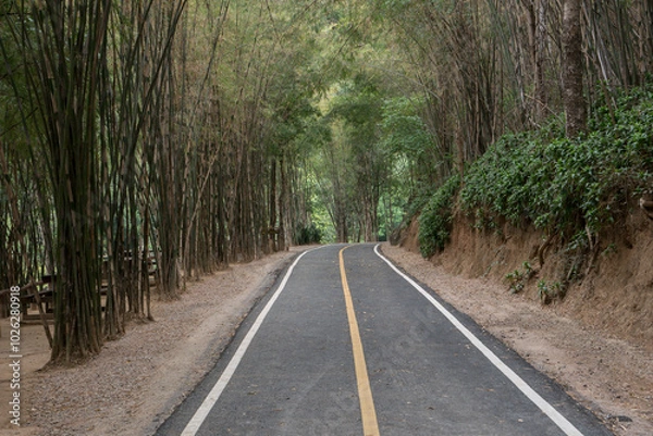 Fototapeta Curve of long road across through mountain view under cloudy sky