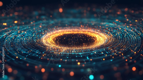 Fototapeta Abstract circular glowing pattern of light and particles in blue and orange tones.