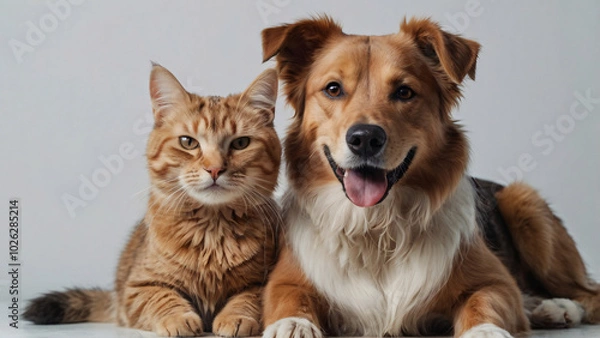 Fototapeta Dog and cat portrait on white background isolated. Pets and companions. Commercial banner for advertising cat and dog food. Pets looking at the camera on white background. Wallpaper. Copy space