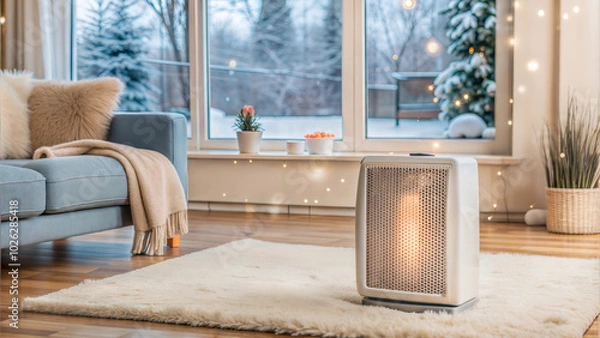 Obraz Portable heater in cozy living room with large window showing winter landscape