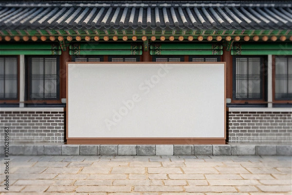Obraz 한국 전통 건물 한옥 돌벽 빌보드 광고판 광고 목업