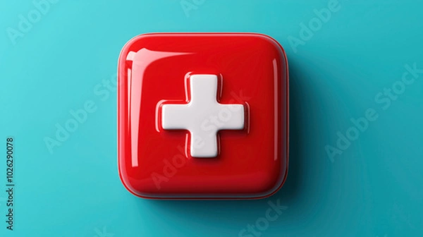 Fototapeta 3D ed red square button with white medical cross symbol on a blue background, representing healthcare or medical emergency.