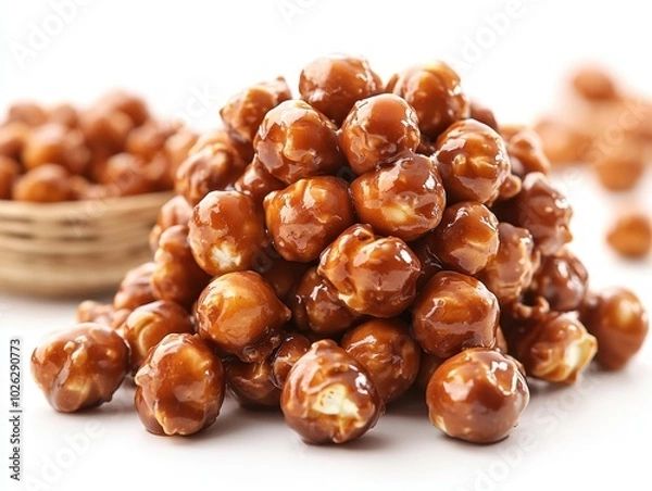 Fototapeta A caramel popcorn cluster with a shiny caramel coating, isolated on white background